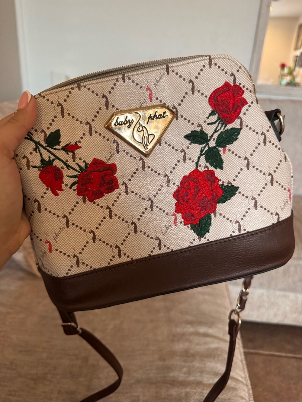 Baby Phat Cream Crossbody Bag with Embroidered Red Rose and Brown Trim